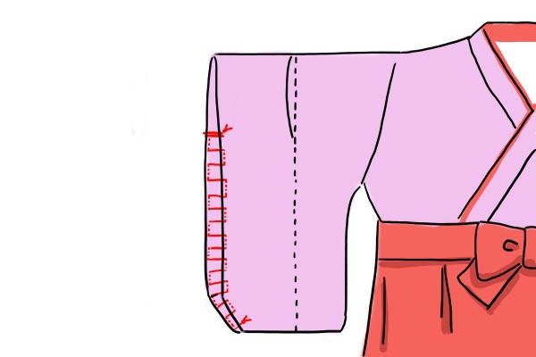 袴ロンパースの袖をコの字まつり縫いして袖詰め