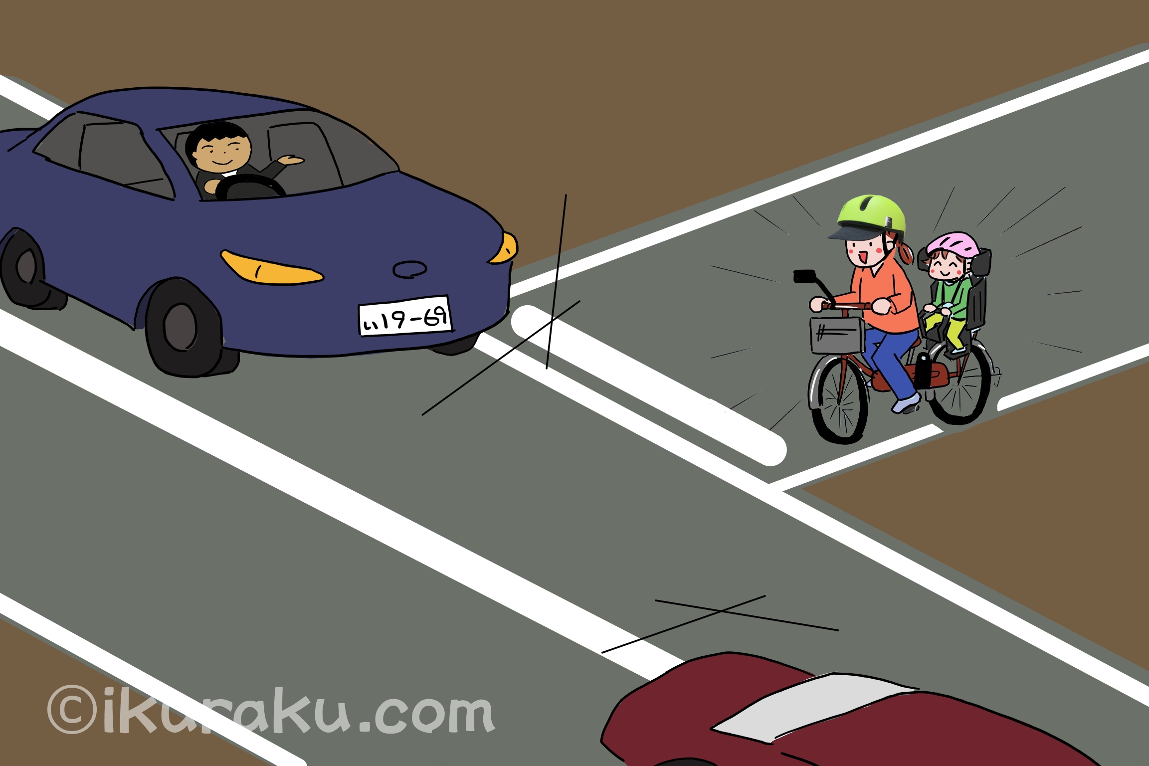 自転車乗車中にヘルメットをつけると、周囲の車からの視認性が増して安全運転してもらえる